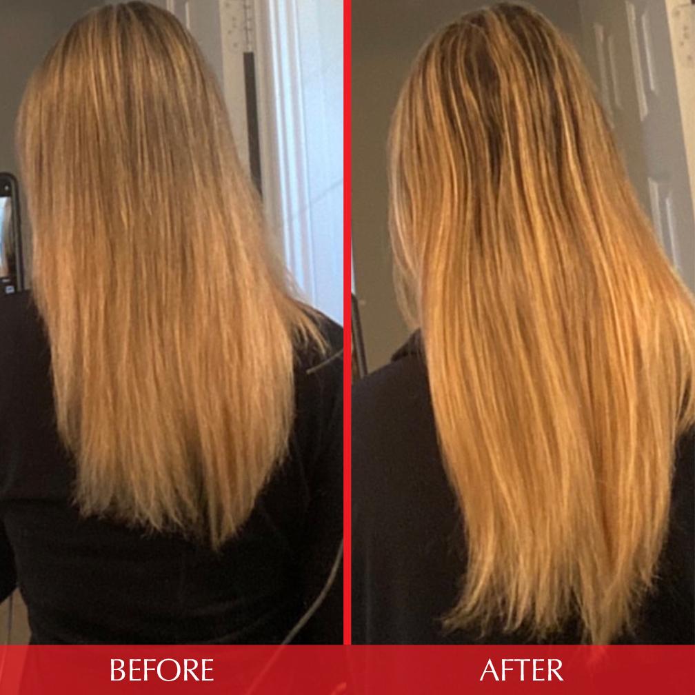 Before and after shot of customer's hair