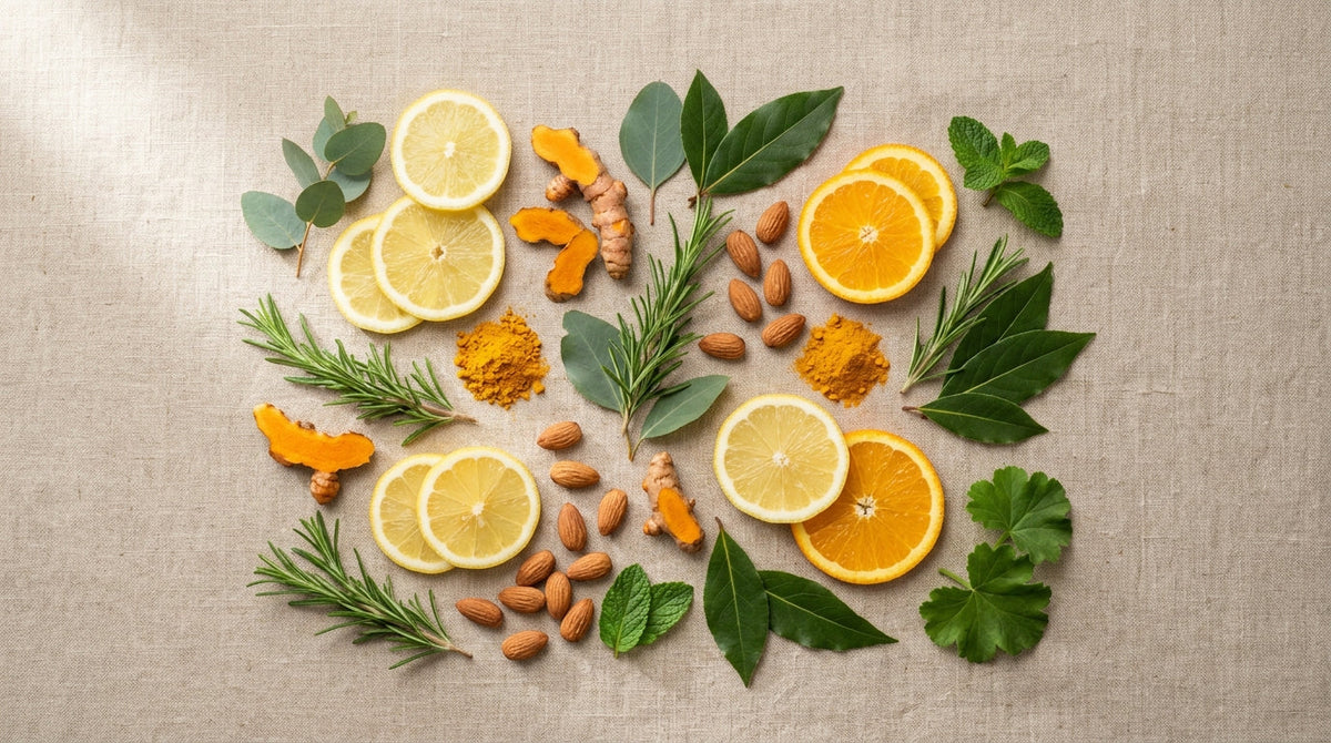 Fresh botanical ingredients including golden turmeric, citrus, raw almonds, and rosemary for natural hair wellness