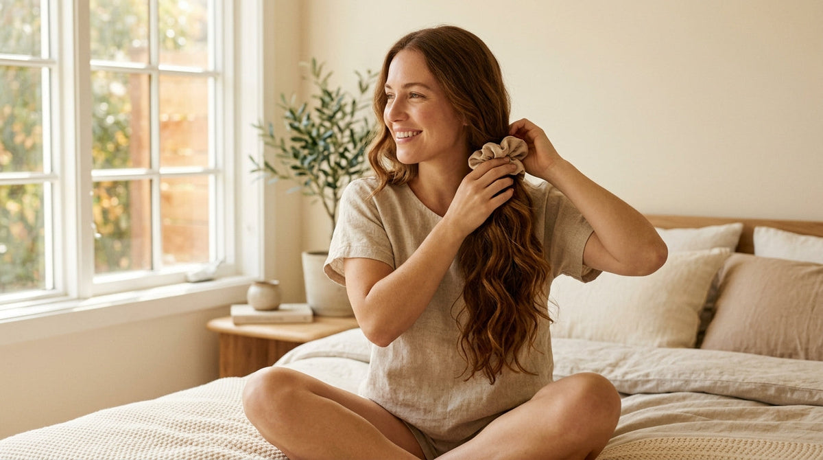 Mother practicing gentle hair care and postpartum wellness in a peaceful, sunlit room