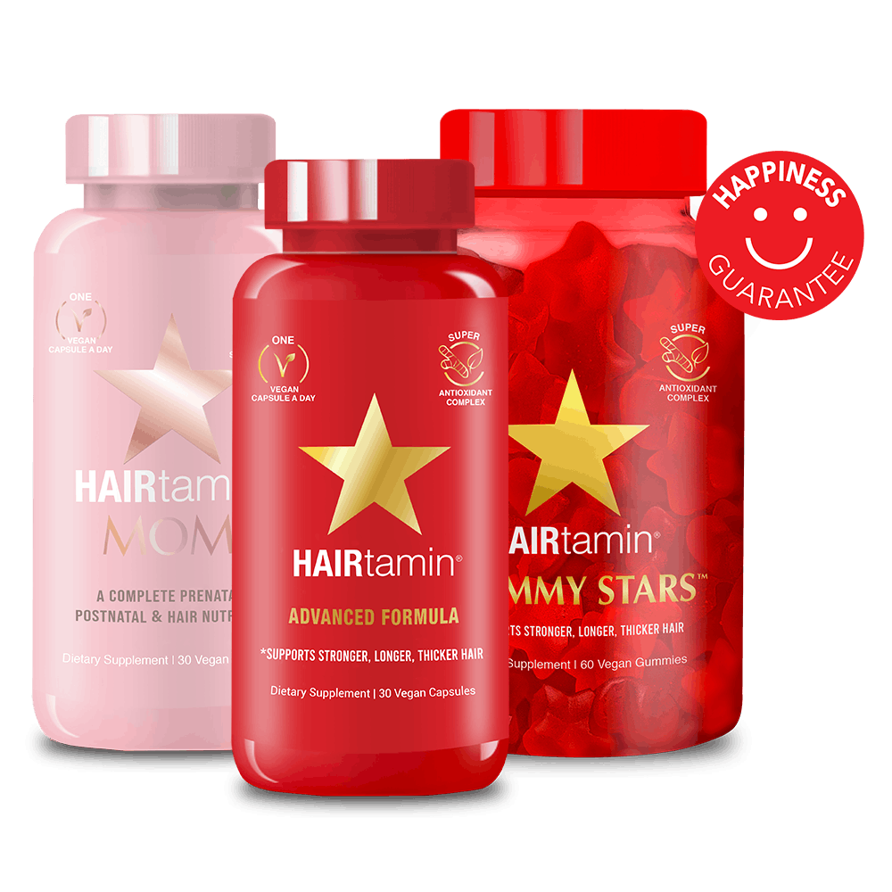 Mom, Advanced Formula and Gummy bottles with happy hair guarantee