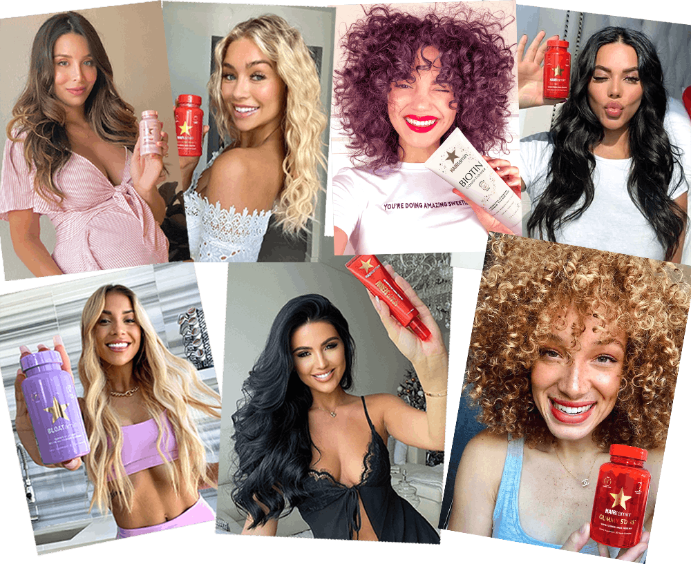 Collage of influencers holding HAIRtamin products