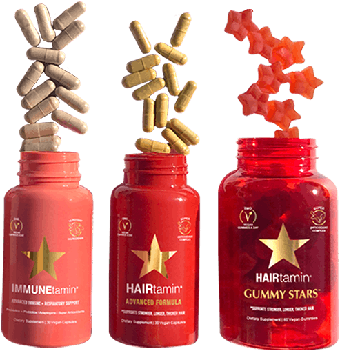 capsules and gummy stars spilling out of IMMUNEtamin, advanced and gummy bottles