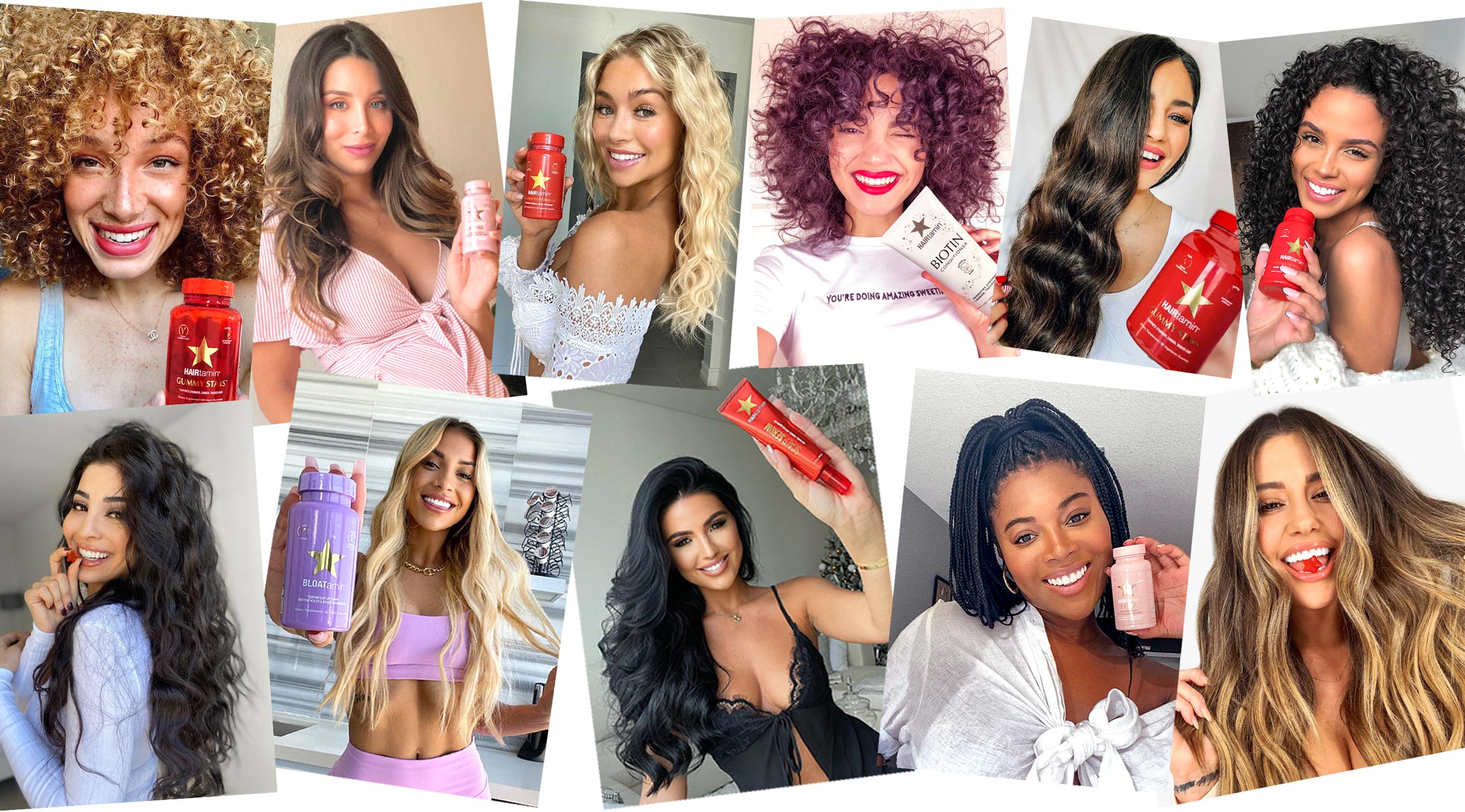 Eleven smiling customers holding various HAIRtamin products