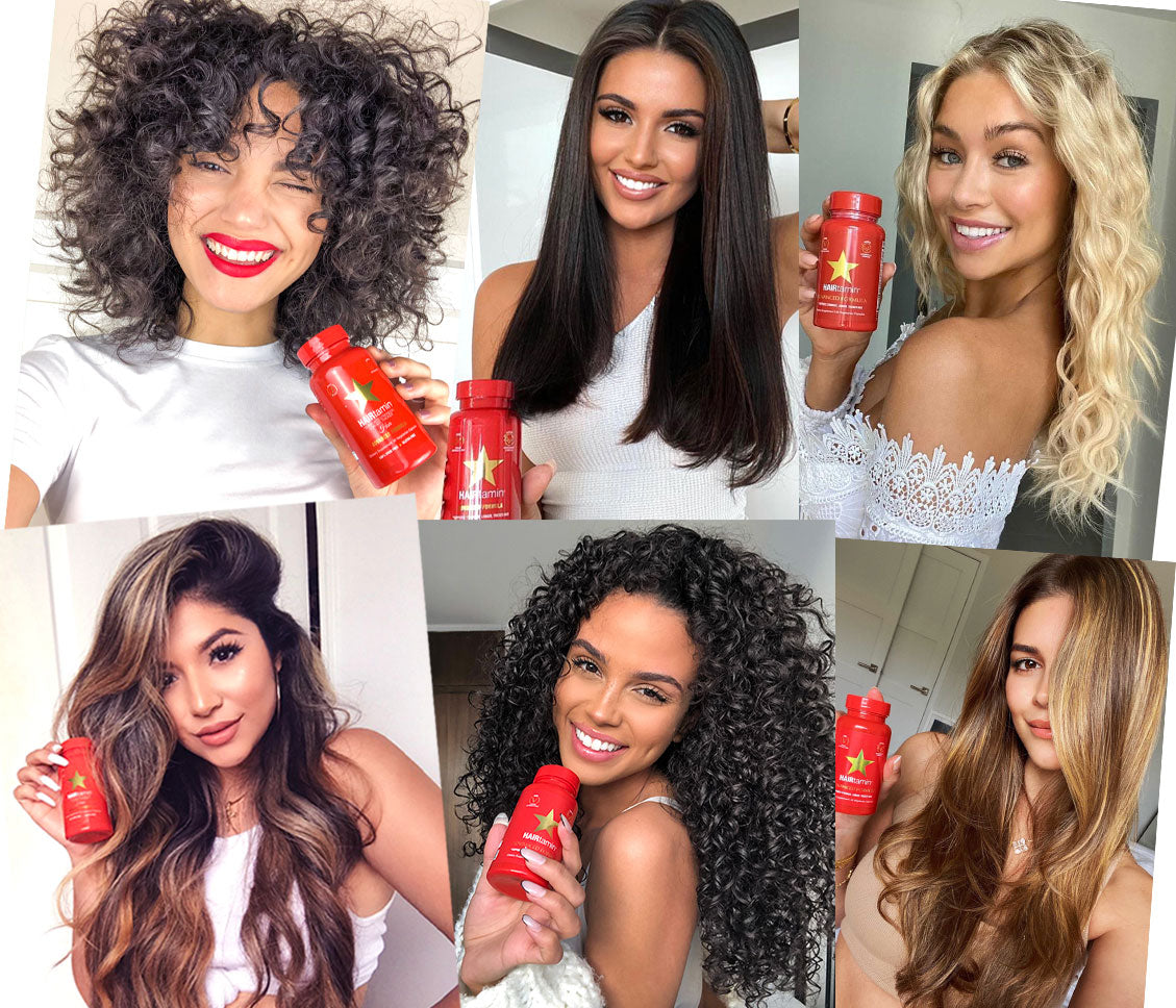 smiling HAIRtamin customers holding advanced formula bottles