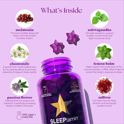 What's Inside: melatonin, chamomile, passion flower, ashwagandha, lemon balm, saffron