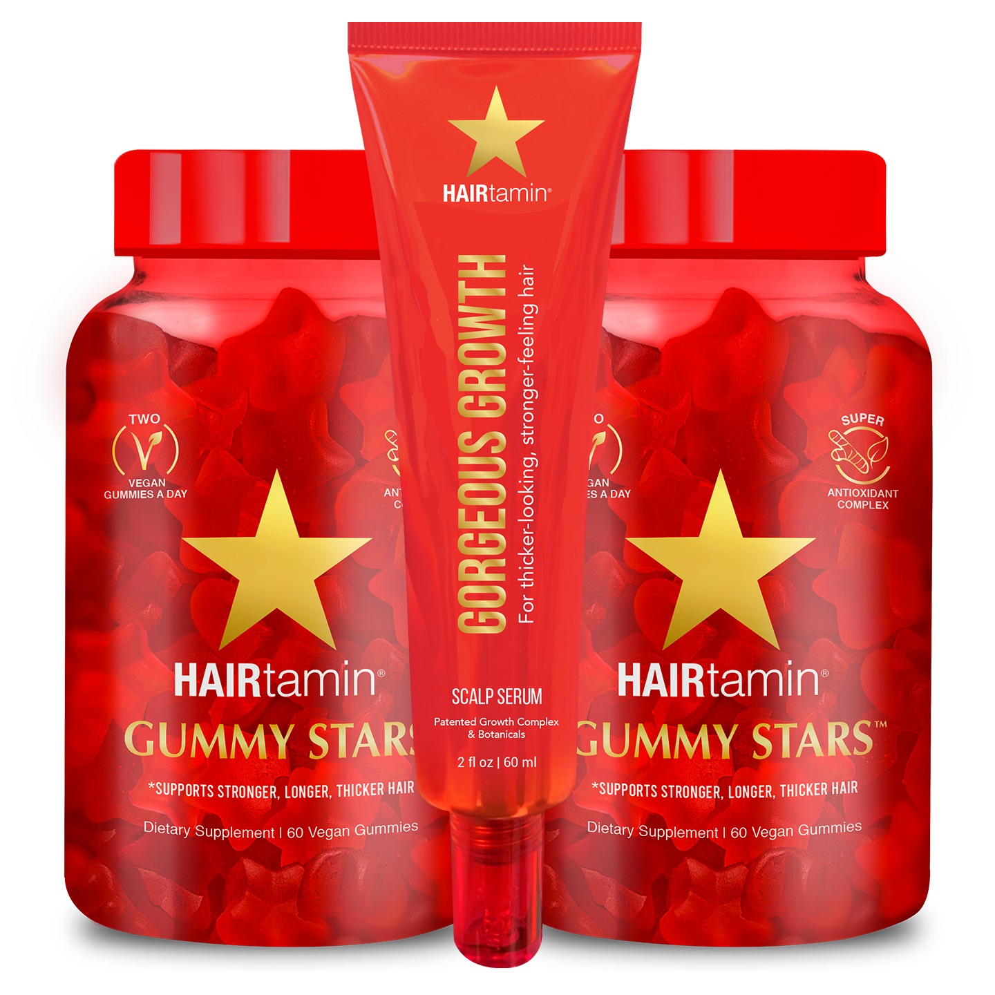 Two Gummy Stars bottles and a Scalp Serum tube