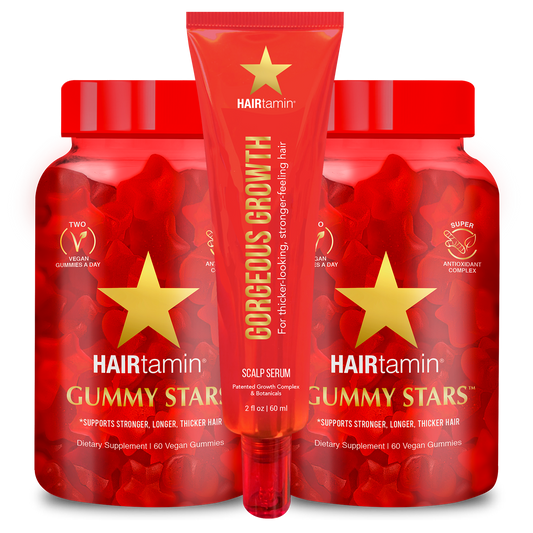 Two Gummy Stars bottles and a Scalp Serum tube